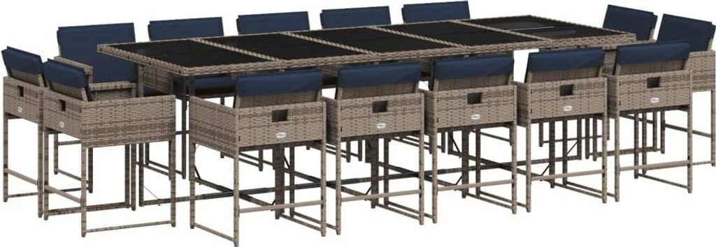vidaXL 15-teiliges Garten-Ess-Set mit Kissen, grau, Polyrattan