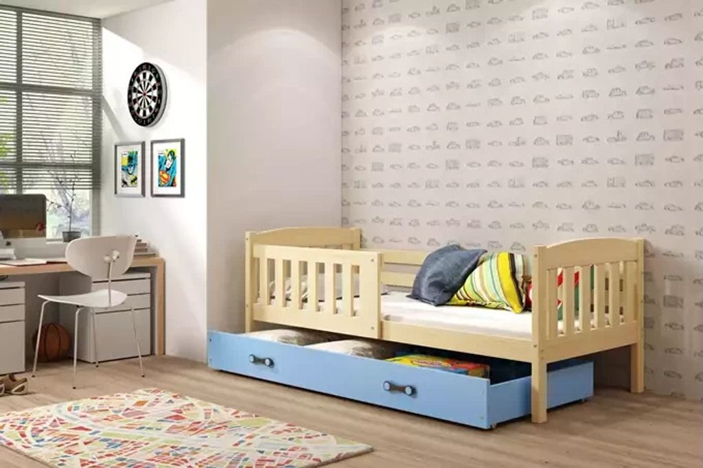 Kinderbett mit Stauraum ohne Matratze 80x190 BRIGID – Kiefer / Blau