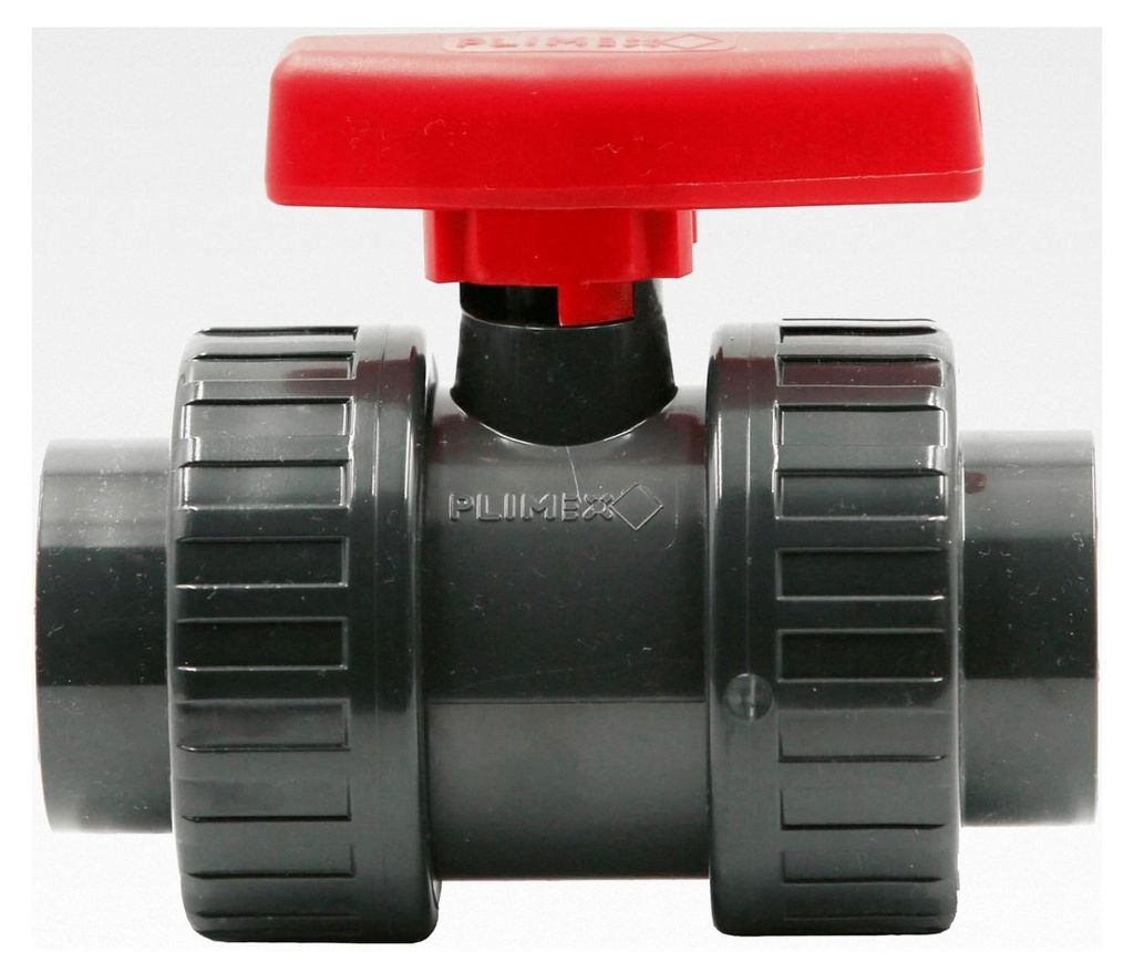 PVC 2-Wege-Kugelhahn mit rotem Griff 40mm x 40mm | Klebemuffe x Klebemuffe | Absperrhahn aus grauem PVC-U | PN16 für Poolfitting, Schwimmbad, Pool...