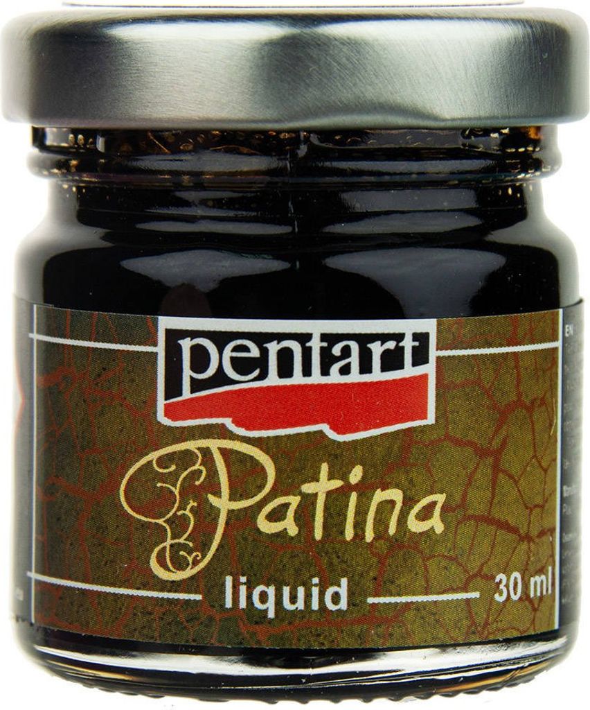 A small glass jar of PENTART Patina liquid with a silver lid and a label.