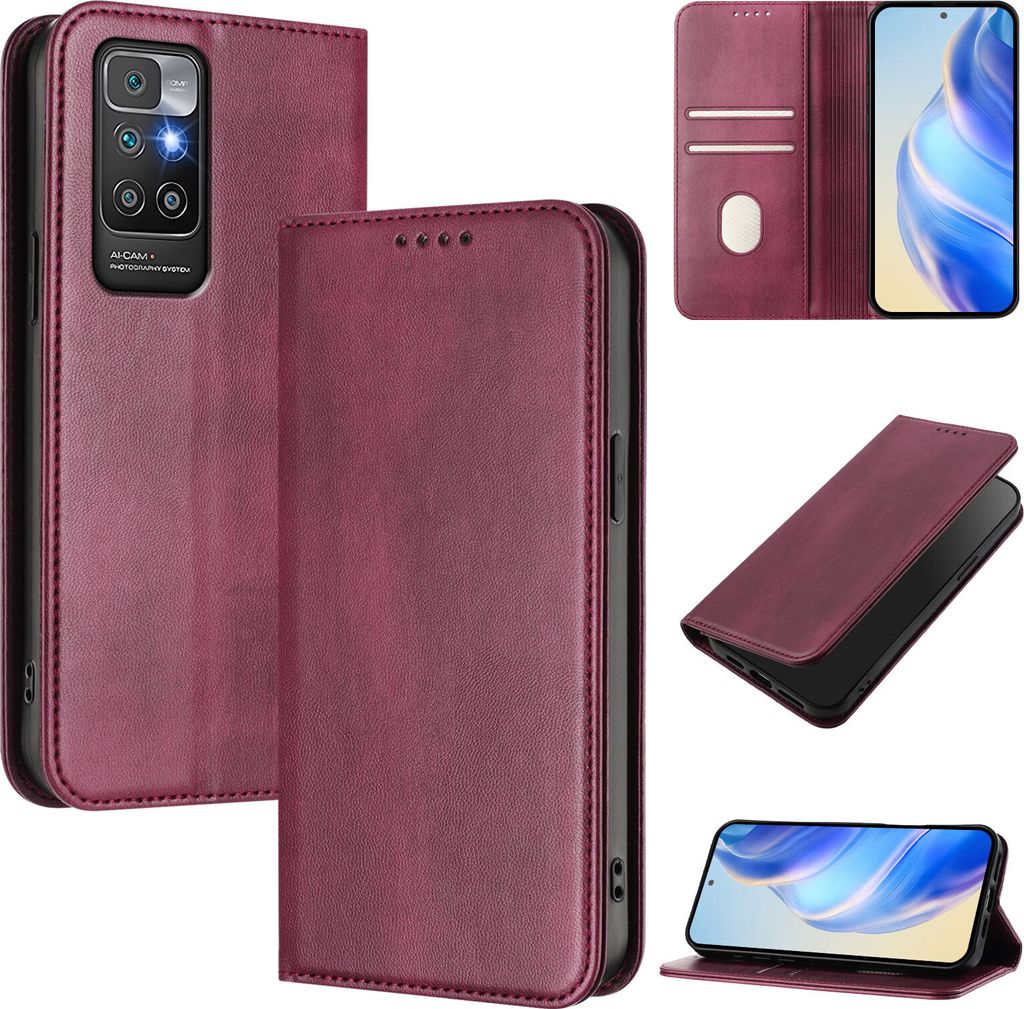 Handyhülle für Xiaomi Redmi 10, Vintage Leder RFID Schutz Kartenfach Standfunktion Magnetische Klapphülle Rot