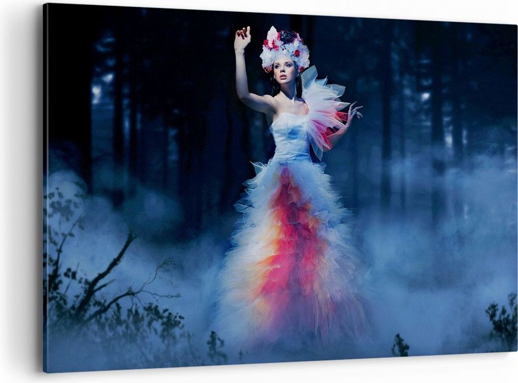 Bild auf Leinwand - Leinwandbild - Frau Geheimnis Nacht Wald - 100x70cm - Wand Bild - Wanddeko - Leinwanddruck - Bilder - Kunstdruck - Wanddekorati...