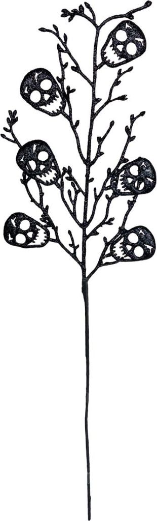 Schwarzer Zweig mit Schwarz glitzernden Totenköpfen als Deko 68cm