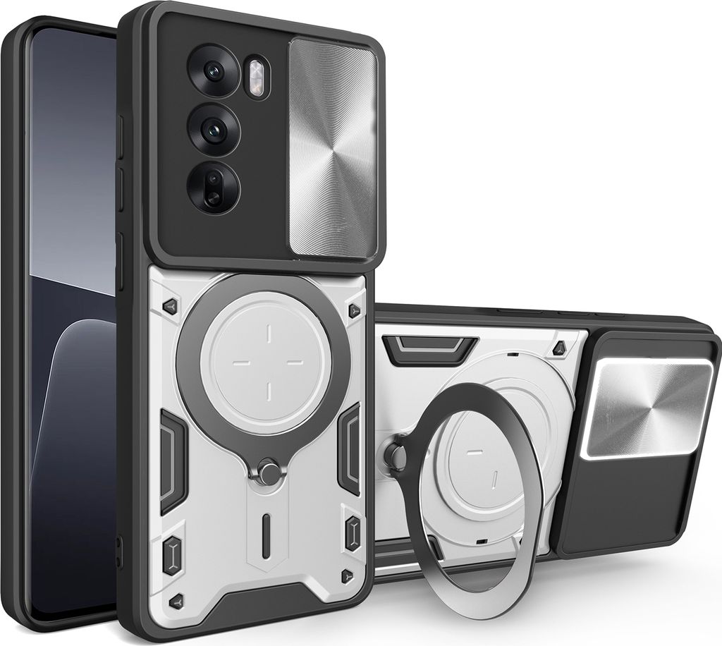 Handyhülle für Oppo Reno12 Dual-Layer Stoßfest Rüstung Hülle mit Dia Kameraschutz und Kreisförmig Ring Ständer Silber
