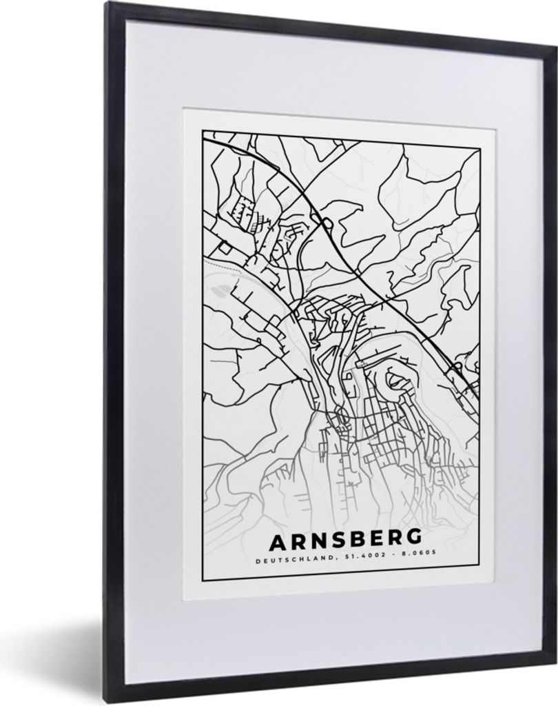 MuchoWow Gerahmtes Poster Stadtplan - Arnsberg - Karte 30x40 cm - Poster mit Schwarzem Bilderrahmen Wandposter Rahmen Foto Bilder - Wandposter Sc...