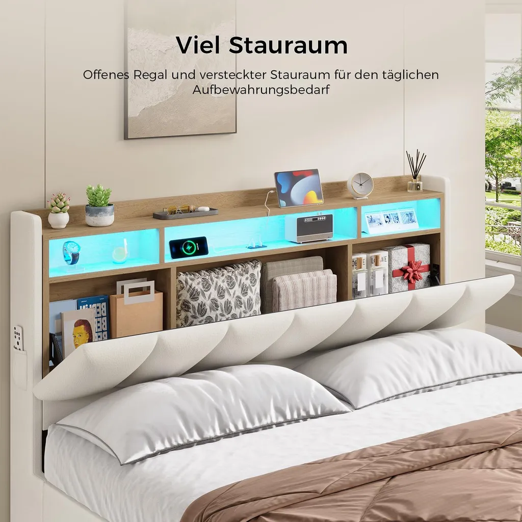 Lit beige 160x200 cm anti-encombrement avec LED et prises USB intégrées - 4