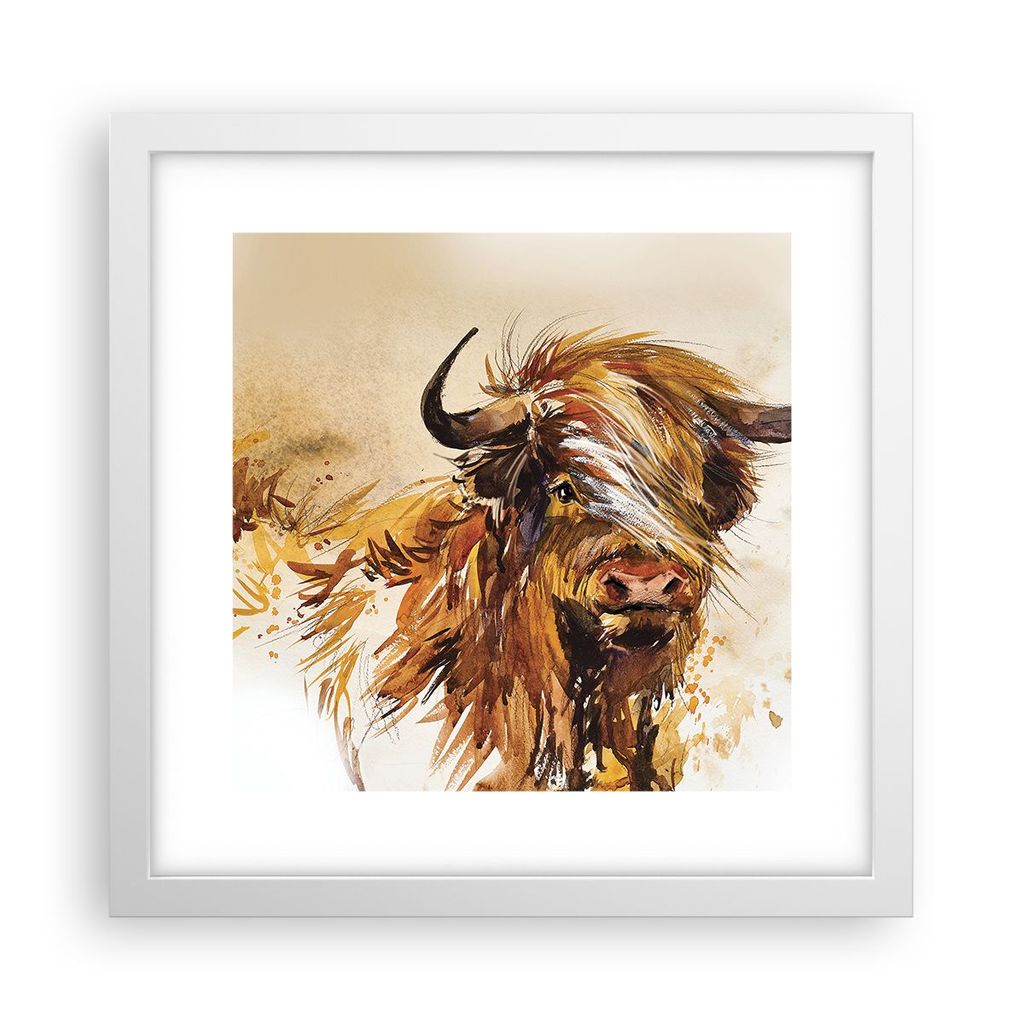 Gerahmtes Poster - Weißer Rahmen - Stier Scotch Aquarell - 30x30 cm - Wand Bild - Wanddeko - Wandbilder - Kunstposter - Wandposter - Bilderrahmen ...