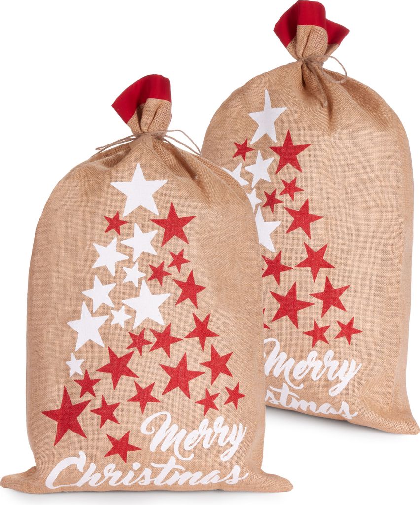 Two burlap Christmas sacks decorated with red and white stars and the words "Merry Christmas".