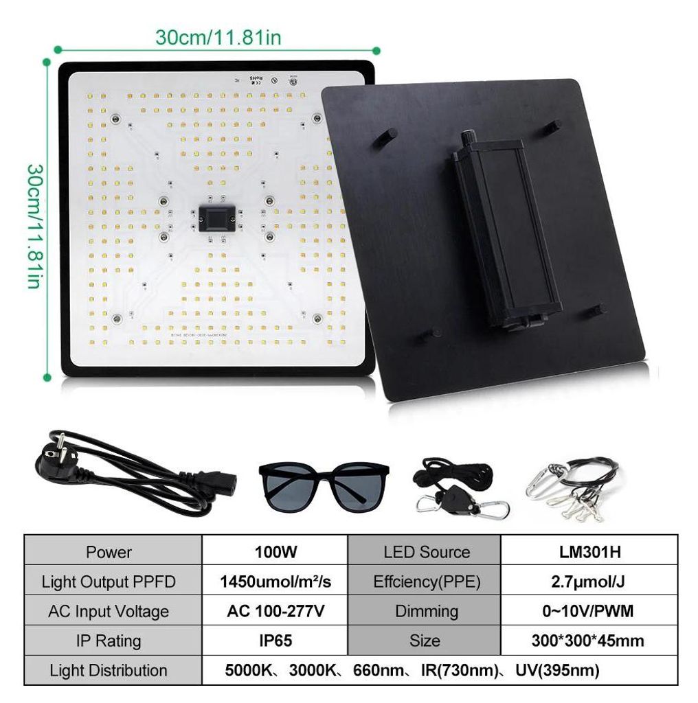 LED Pflanzenlampe Grow Light - 100W - Dimmer mit Drehknopf - 220 V AC - EU-Stecker - Aluminium - RoHS - Blaues Licht