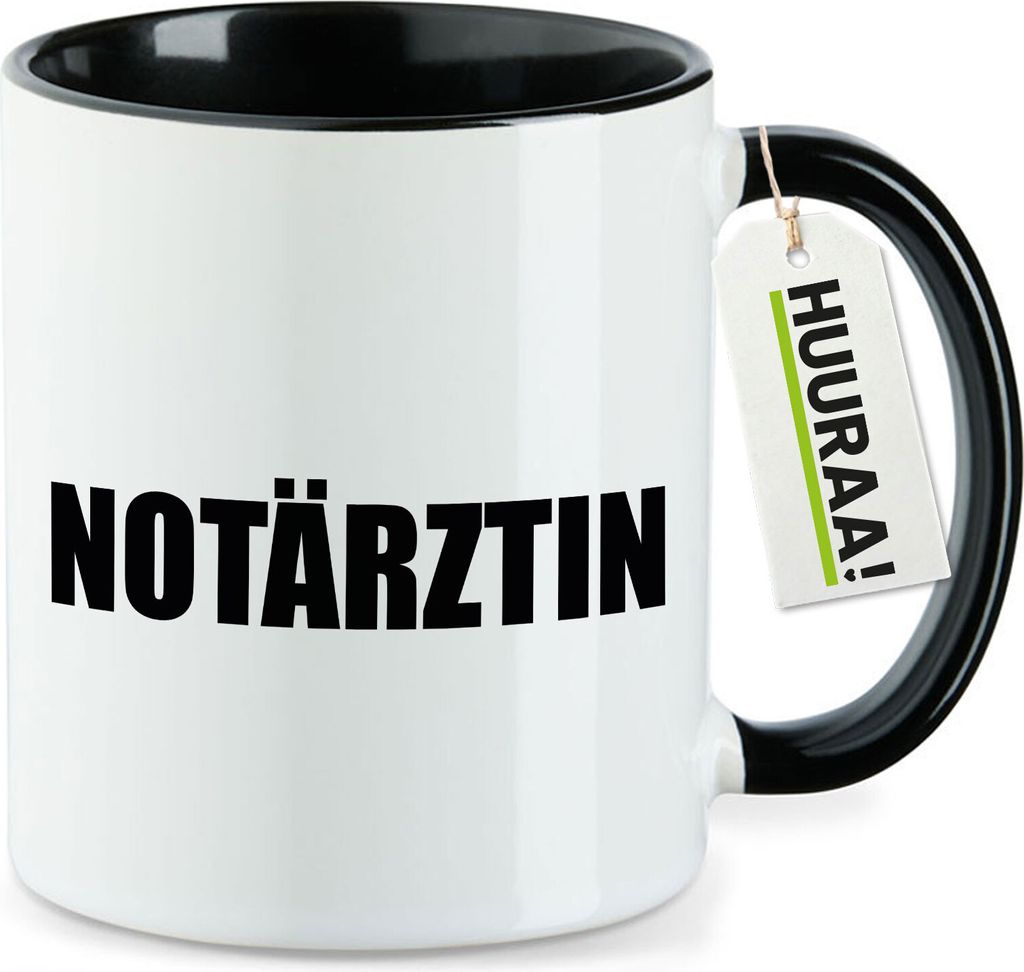 Huuraa Kaffeetasse Notärztin Schriftzug 330ml Schwarz Keramik Kaffeebecher Geschenkidee