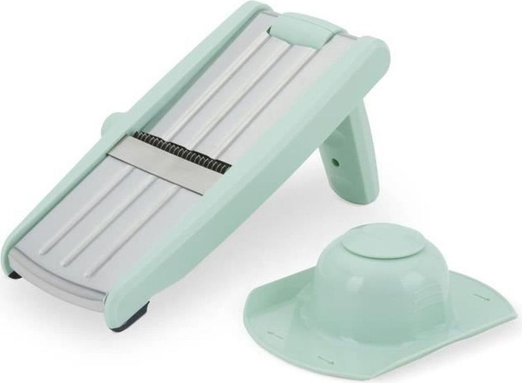 3-in-1-Mandoline aus Edelstahl (3–9 mm) mit abnehmbarem Griff, Stopfer mit Zinken und rutschfesten Füßen