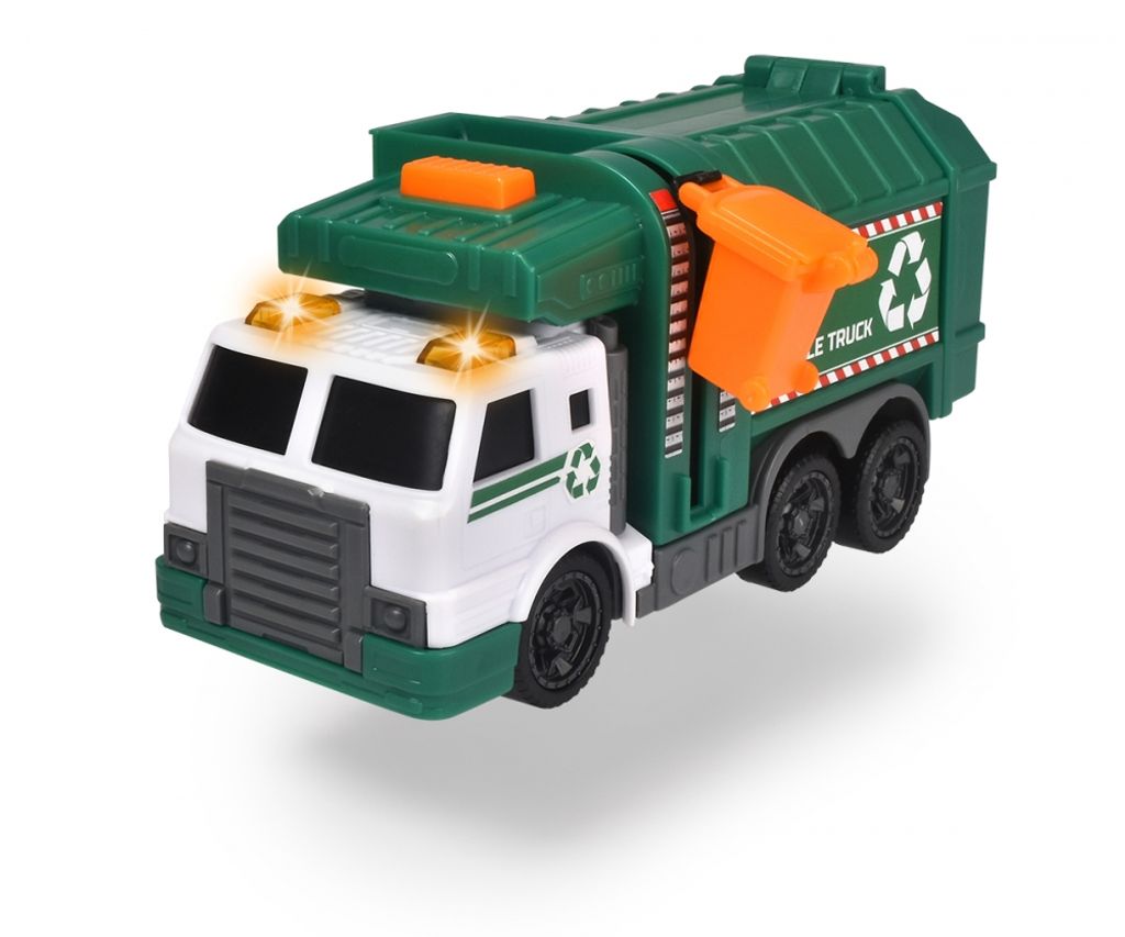 A toy garbage truck with lights on.