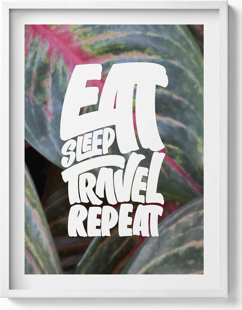 Inspirierende Bildunterschrift „Eat sleep travel repeat“ (Essen, schlafen, reisen, wiederholen)– Wandbild mit Rahmen – Gerahmtes Bild – W...