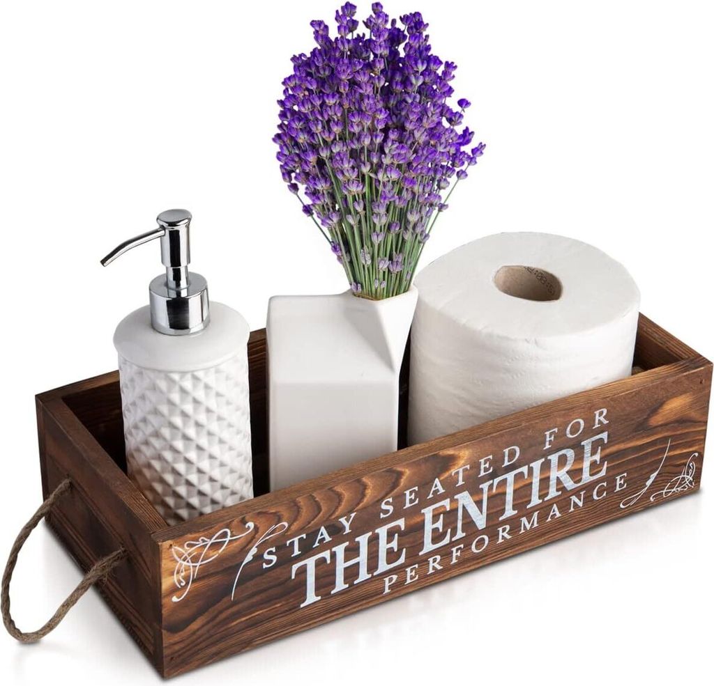 Badezimmer-Tablett aus rustikalem braunem Holz mit Produktbild 