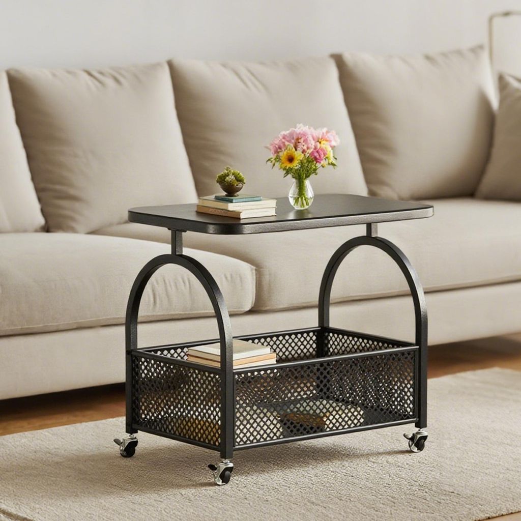 Couchtisch Beistelltisch Nachttisch, Sicherheitsglasplatte + Metallrahmen 56.5cm auf 360° Rollen, für Wohnzimmer/Schlafzimmer/Freizeitbereich, Sc...
