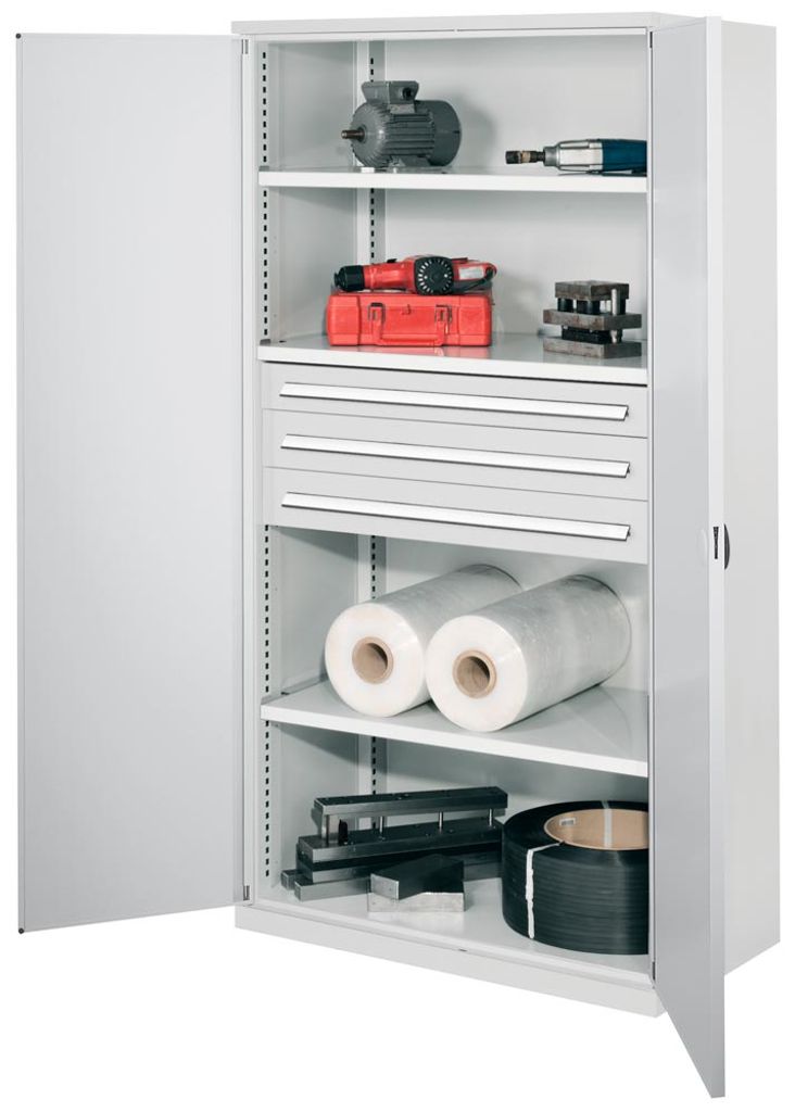 Schwerlastschrank, Vollblechtüren, 3 Fachböden, Schubl. 1x100, 2x125 mm, BxTxH 1000x600x1950 mm, RAL 7035