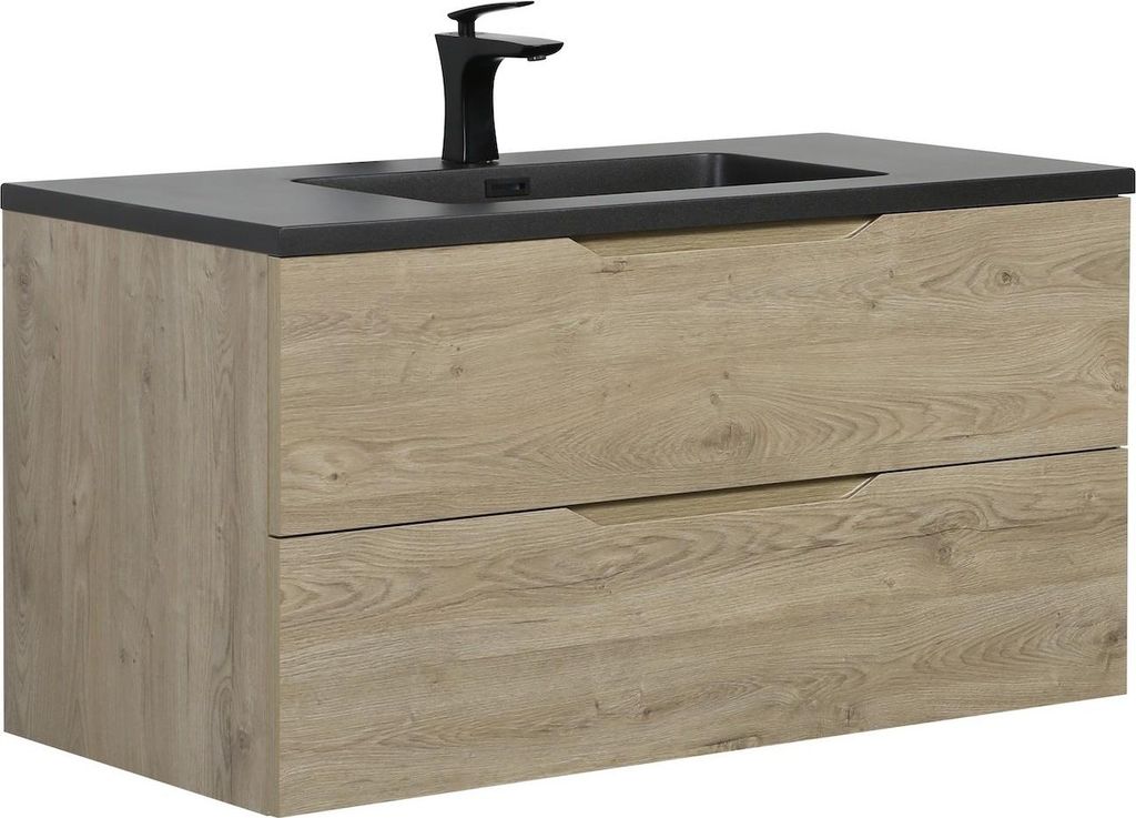Badplaats Badmöbel Set mit Waschbecken und Unterschrank Cairo 100 x 48 cm Kastanien Eiche - Waschbeckenunterschrank mit Soft-Close und Waschbecken...