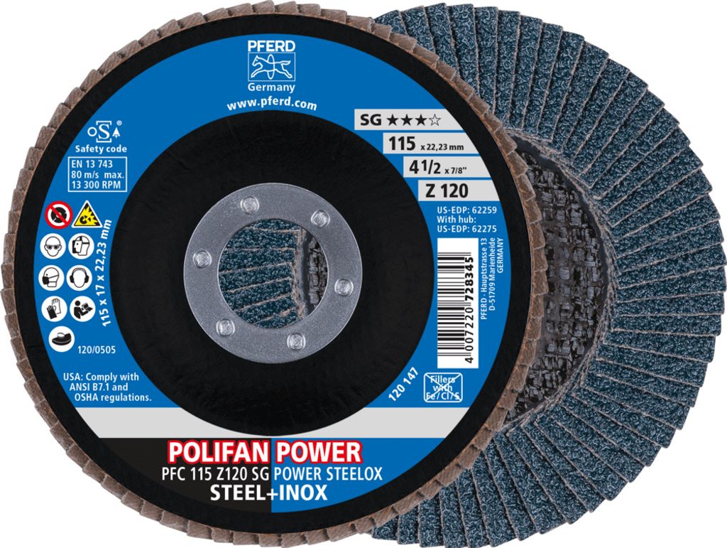 PFERD TOOLS POLIFAN POWER Fächerscheibe PFC 115x22,23 mm konisch Z120 SG STEELOX Stahl/Edelstahl