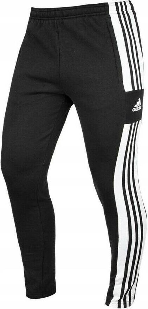 A pair of black Adidas training pants with white stripes on the side.