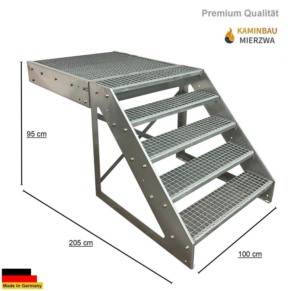 Podesttreppe Stahltreppe 5 Stufen Freistehend Höhe 95cm inklusive Podest 100x100cm ohne Geländer Verzinkt Ausrichtung Treppe Vorne/Front Aussentr...