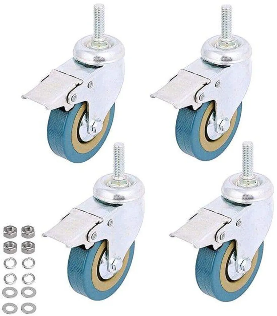 Roulettes de manutention 76mm avec tige filetée M10 et frein intégré