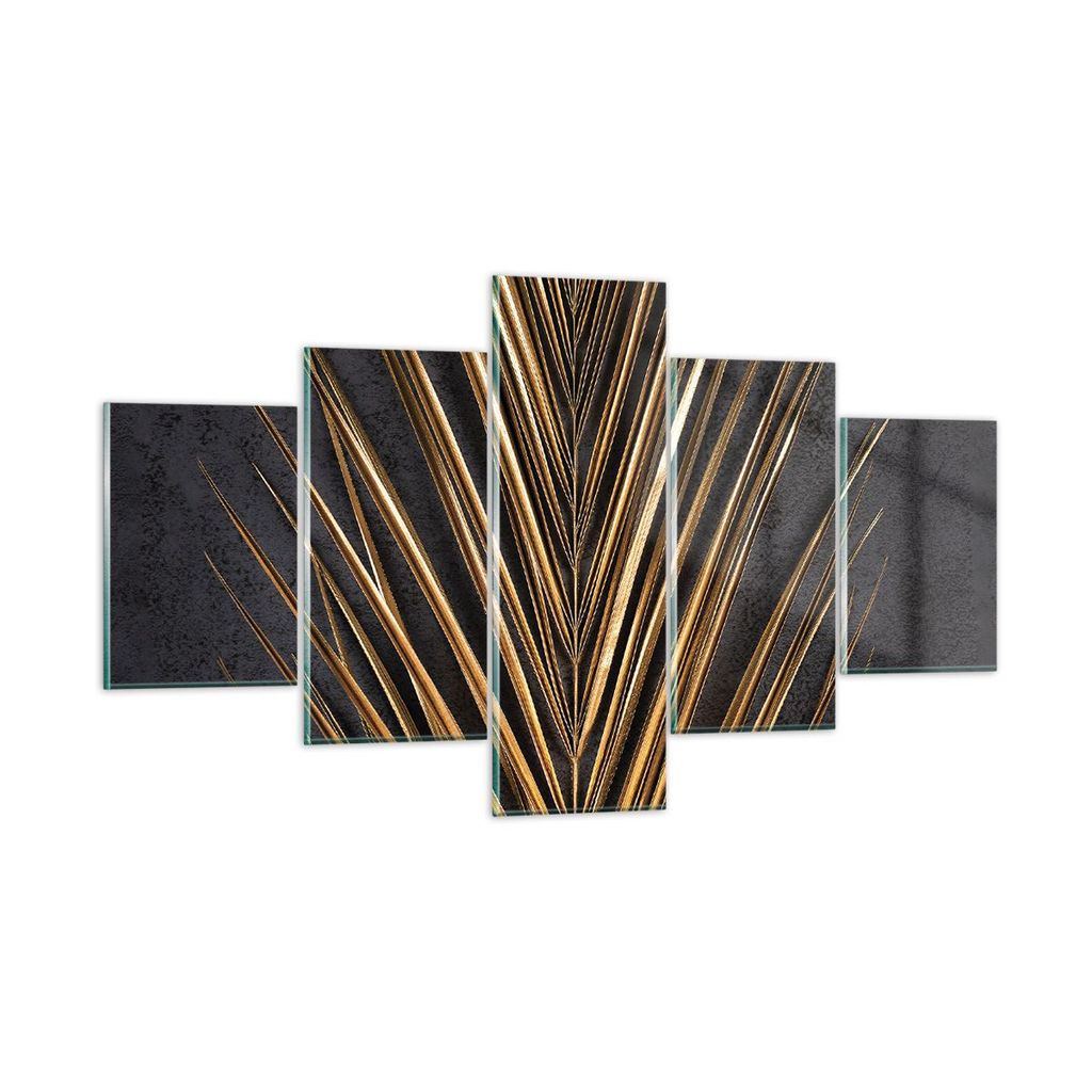 Bilder auf glas - 5 Teile - Blatt golden schwarz - 125x70cm - Glasbilder - Wandbilder - Bilder - zum Aufhängen bereit - Wanddekoration aus Glas - ...