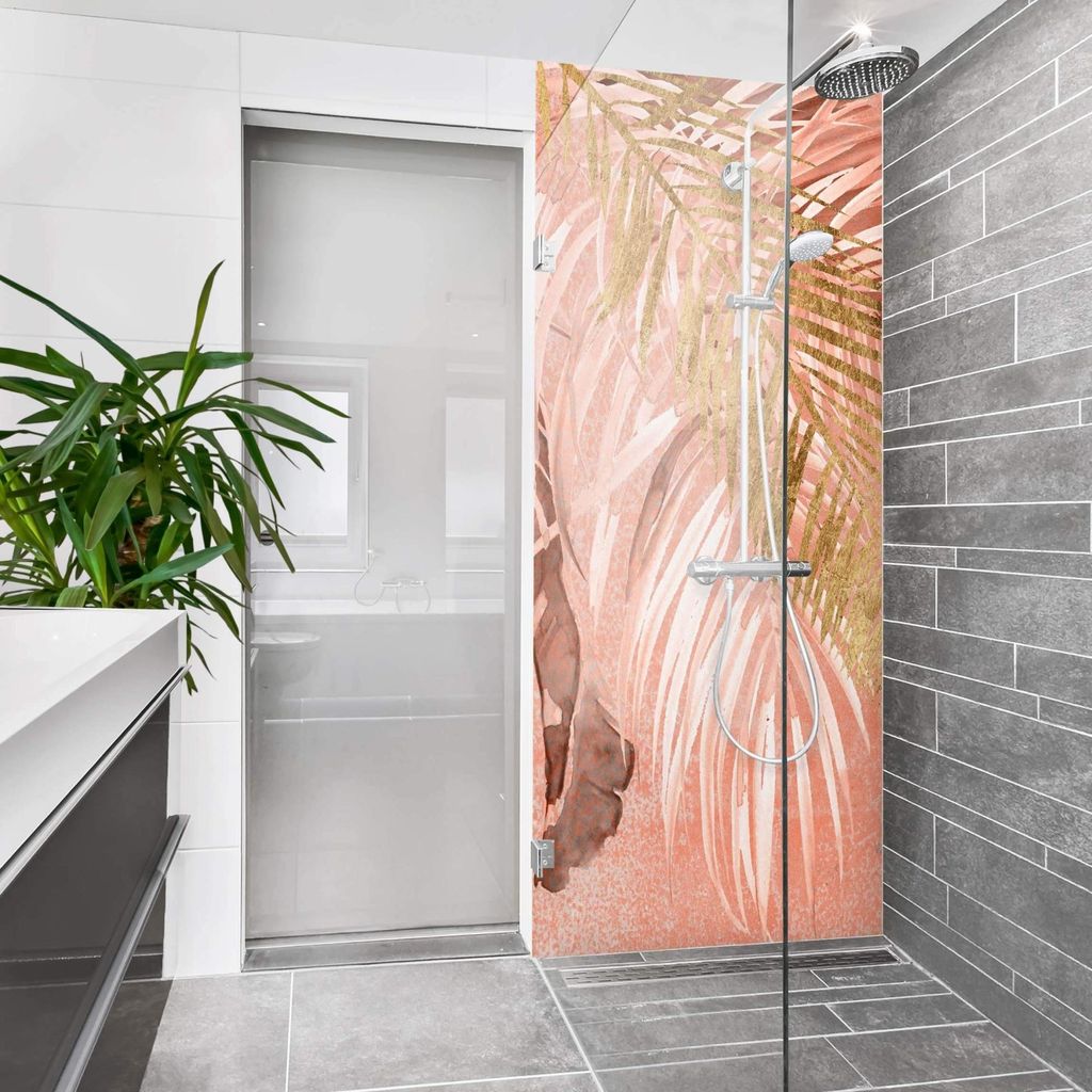 Duschrückwand originell selbstklebend - 0.61 mm Wandpaneel wasserfest Design rosa Tropisch Badrückwand fugenlos Premium matt 80x210 cm