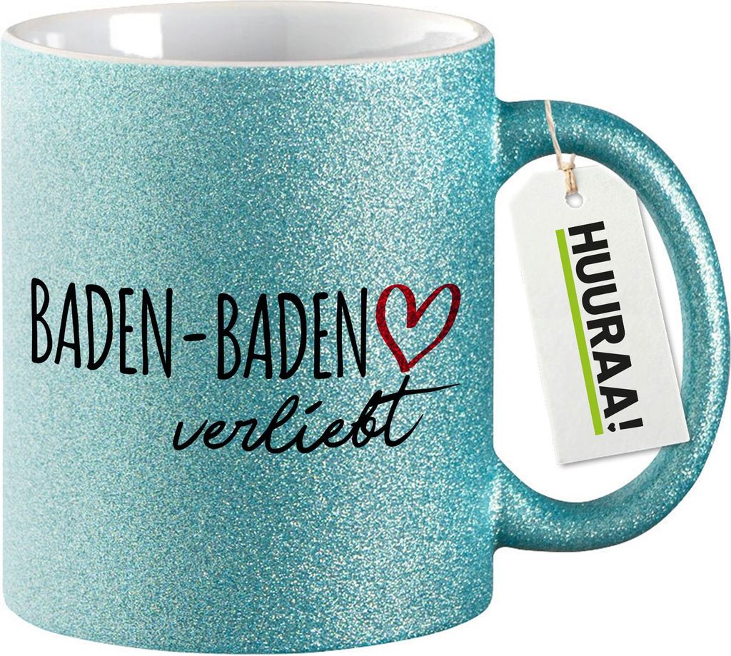 Huuraa Glitzertasse Baden-Baden verliebt 330ml Blau Keramik Kaffeebecher Geschenkidee