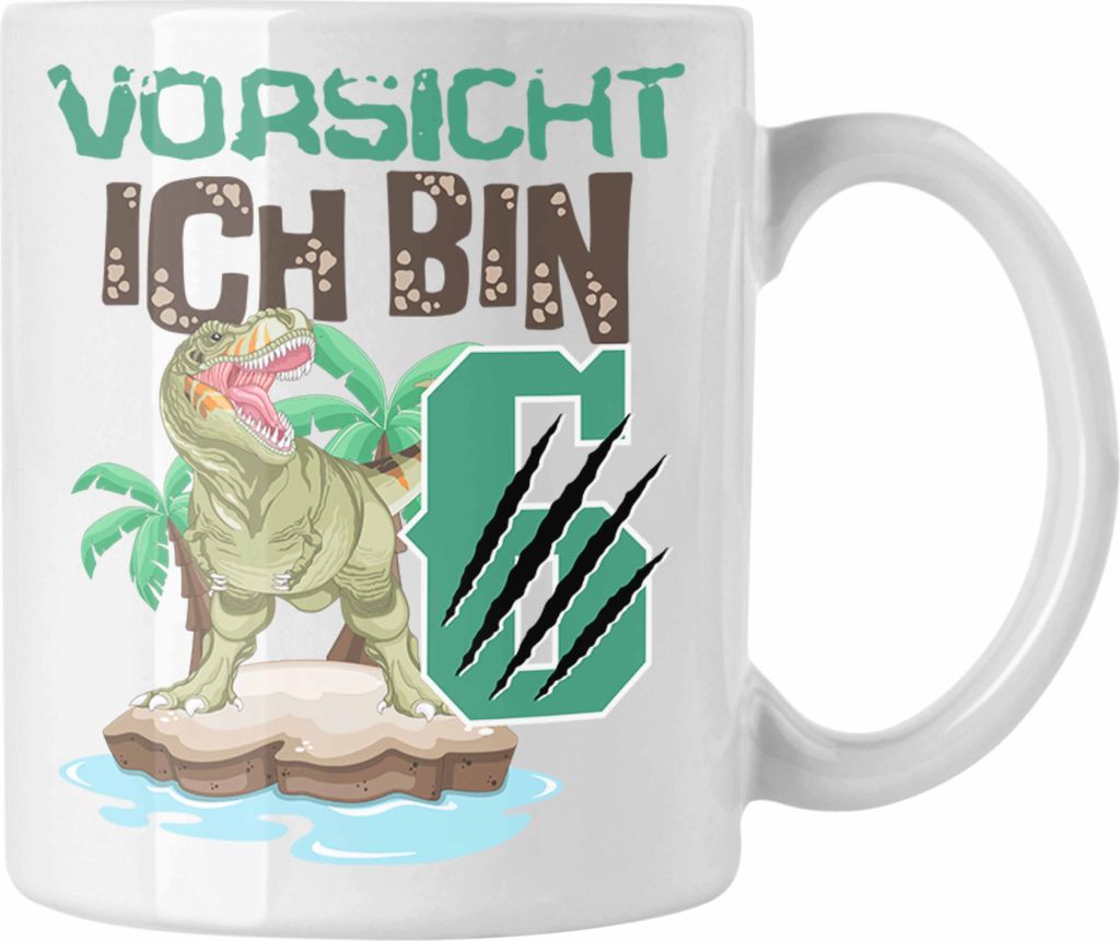 Trendation - Vorsicht Ich Bin 6 Geschenk 6er Geburtstag Geschenkidee Jungs Dinosaurier Tasse Becher T-rex (Weiß)