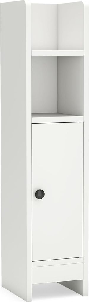 A white, narrow bathroom cabinet with a single door and an open shelf above.
