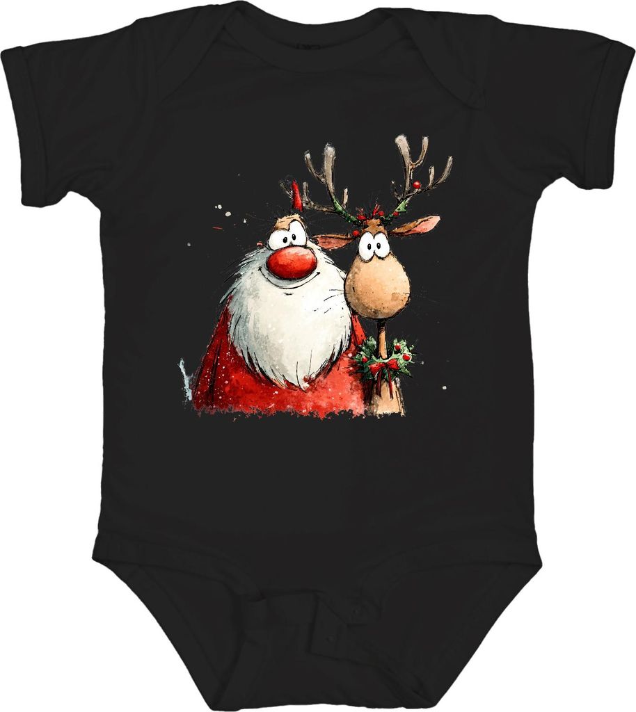Weihnachtsmann Rentier Cartoon Aquarell lustig Geschenk Retro Unisex Baby Body, Schwarz, 12/18