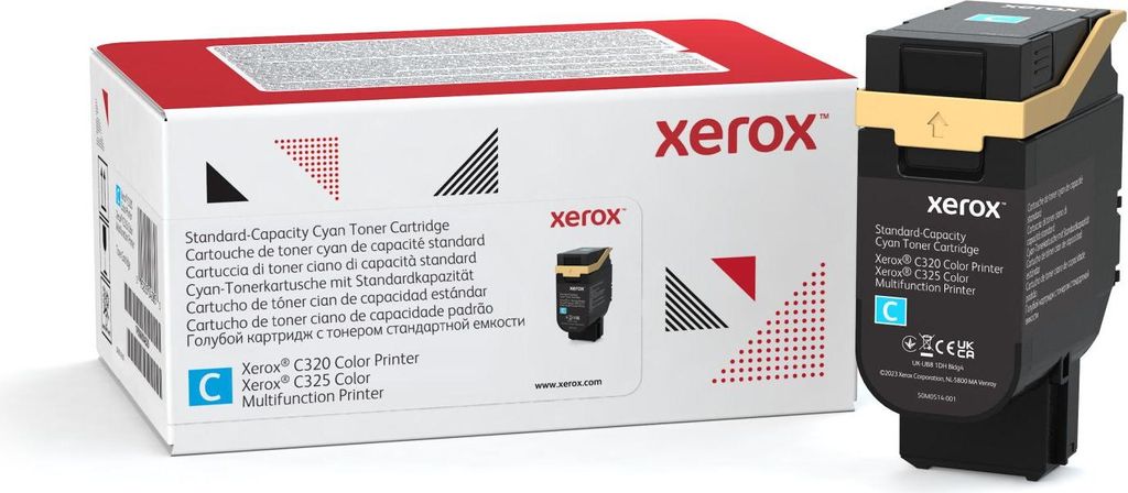 A Xerox cyan toner cartridge and its packaging are shown against a white background.