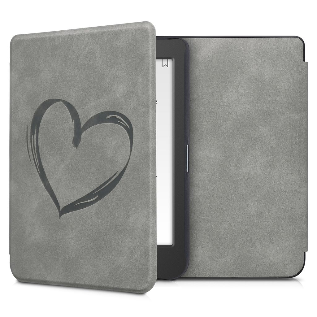 kwmobile Schutzhülle für Tolino Page 2 Hülle - eReader Case aus Kunstleder mit Auto Sleep Funktion - Herz Brush mit Grau
