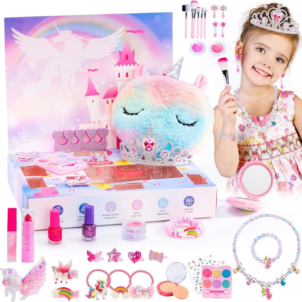 Make-up Adventskalender 2025 für Mädchen, 24 Tage Einhorn Schmuck Weihnachts-Countdown, Kinder Geschenkset, Princess Christmas Surprise Set