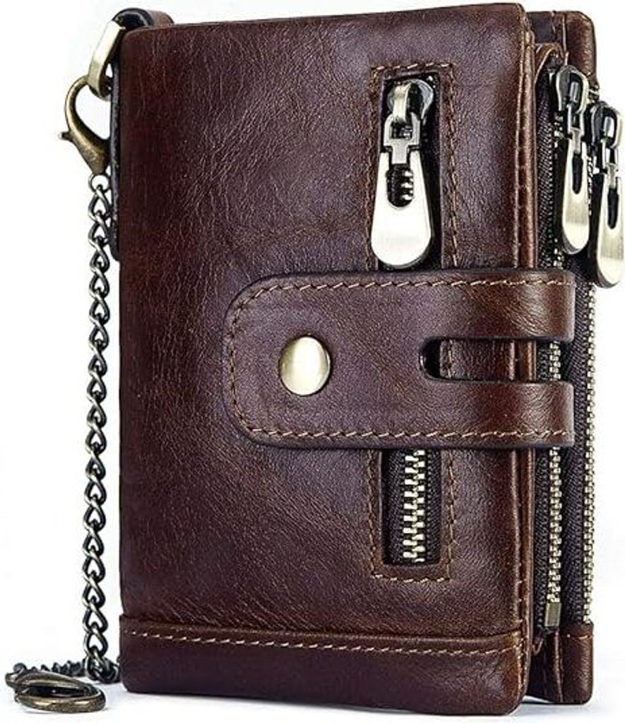 Ledergeldbörse für Herren, Geldbörse, kurzes Kartenetui, Doppelreißverschluss, zweifach gefaltet, Münzfach, RFID-Schutz, Kaffeebraun