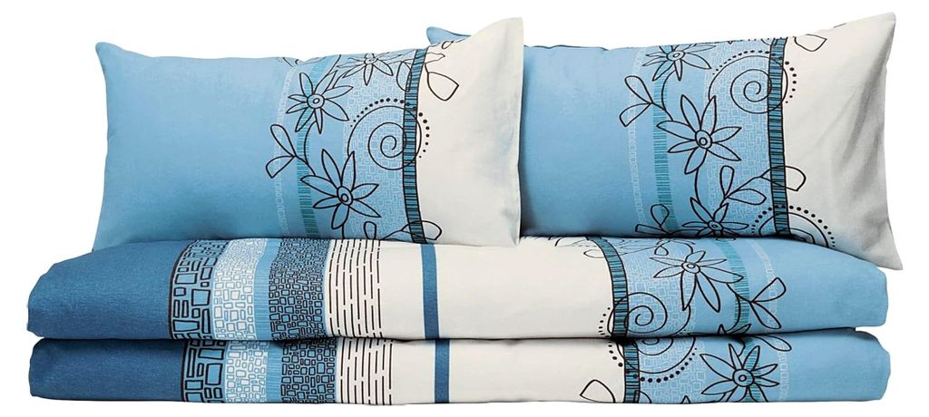 Bettwäsche, Bettgarnitur Fein-Biber Blumen 4-tlg. Set hellblau Größe 40x80 cm / 135x200 cm - hautsympathisch, bügelleicht, mit Reißverschluss