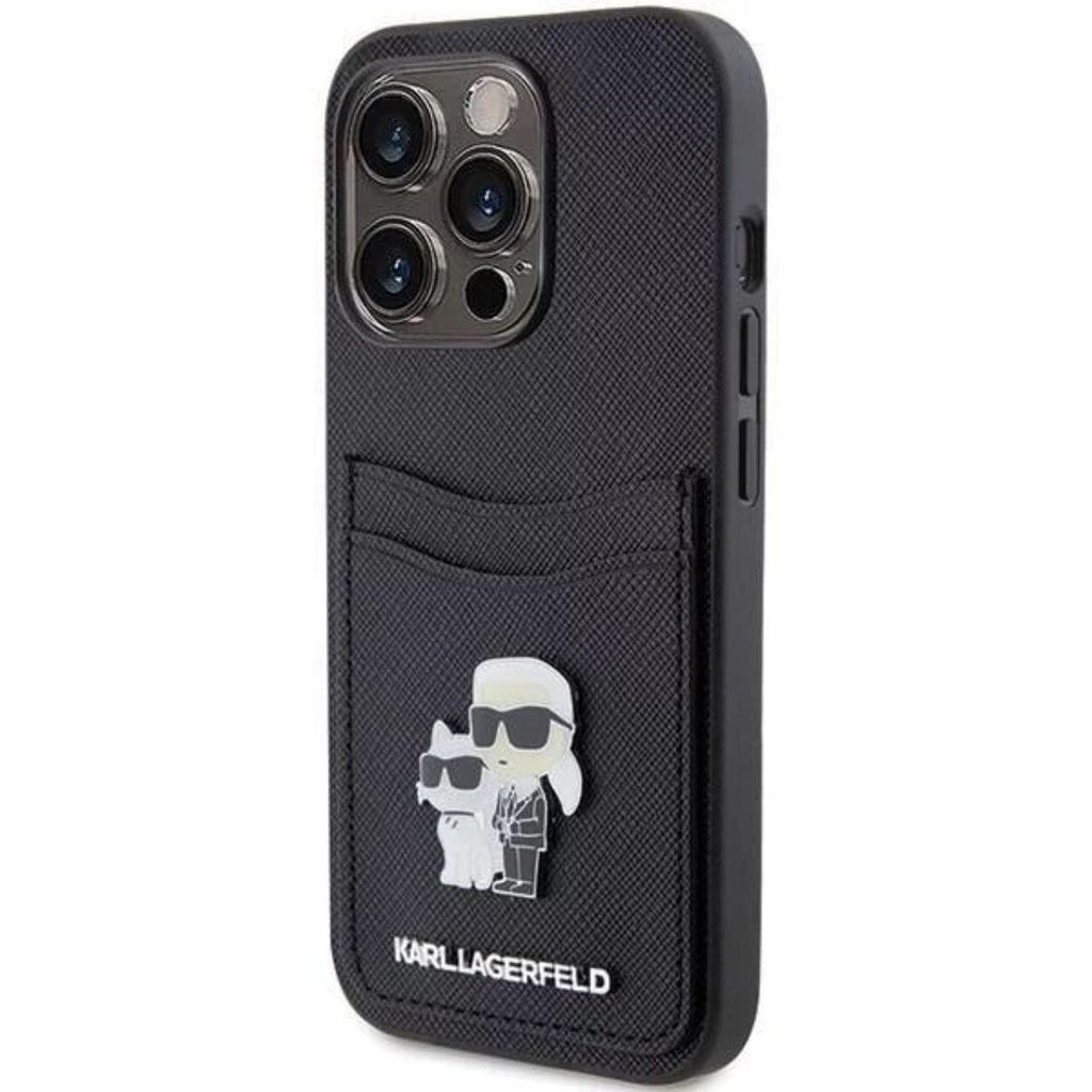 A black iPhone case with a card slot and a Karl Lagerfeld and Choupette design.