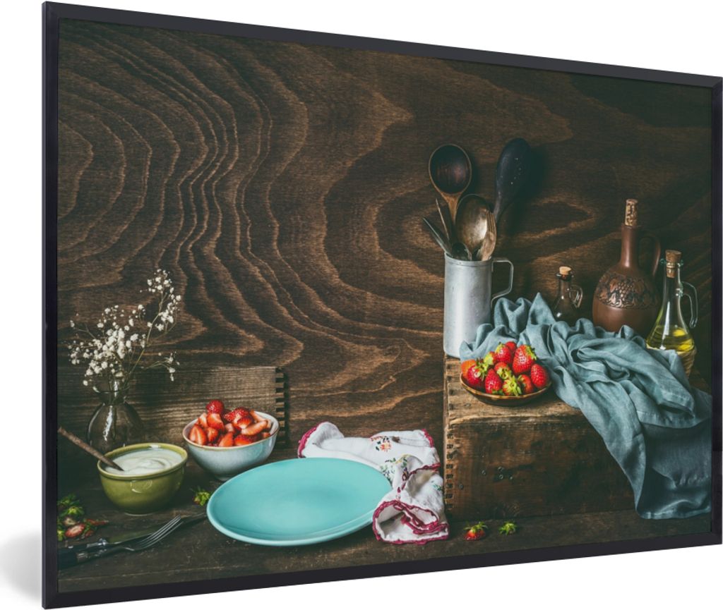 MuchoWow Gerahmtes Poster Rustikal - Obst - Küchenutensilien - Erdbeere 90x60 cm - Poster mit Schwarzem Bilderrahmen Wandposter Rahmen Foto Bild...