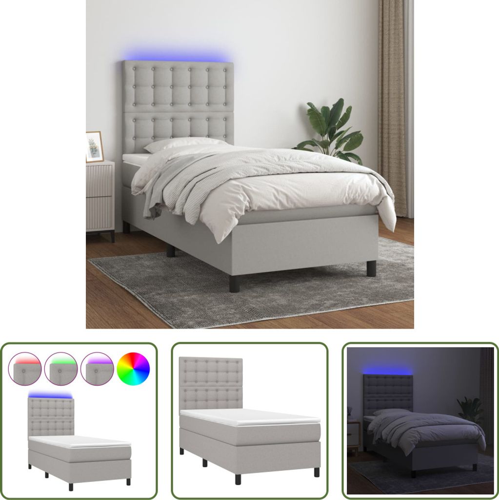 The Living Store Boxspringbett mit Matratze & LED Hellgrau 90x190 cm Stoff