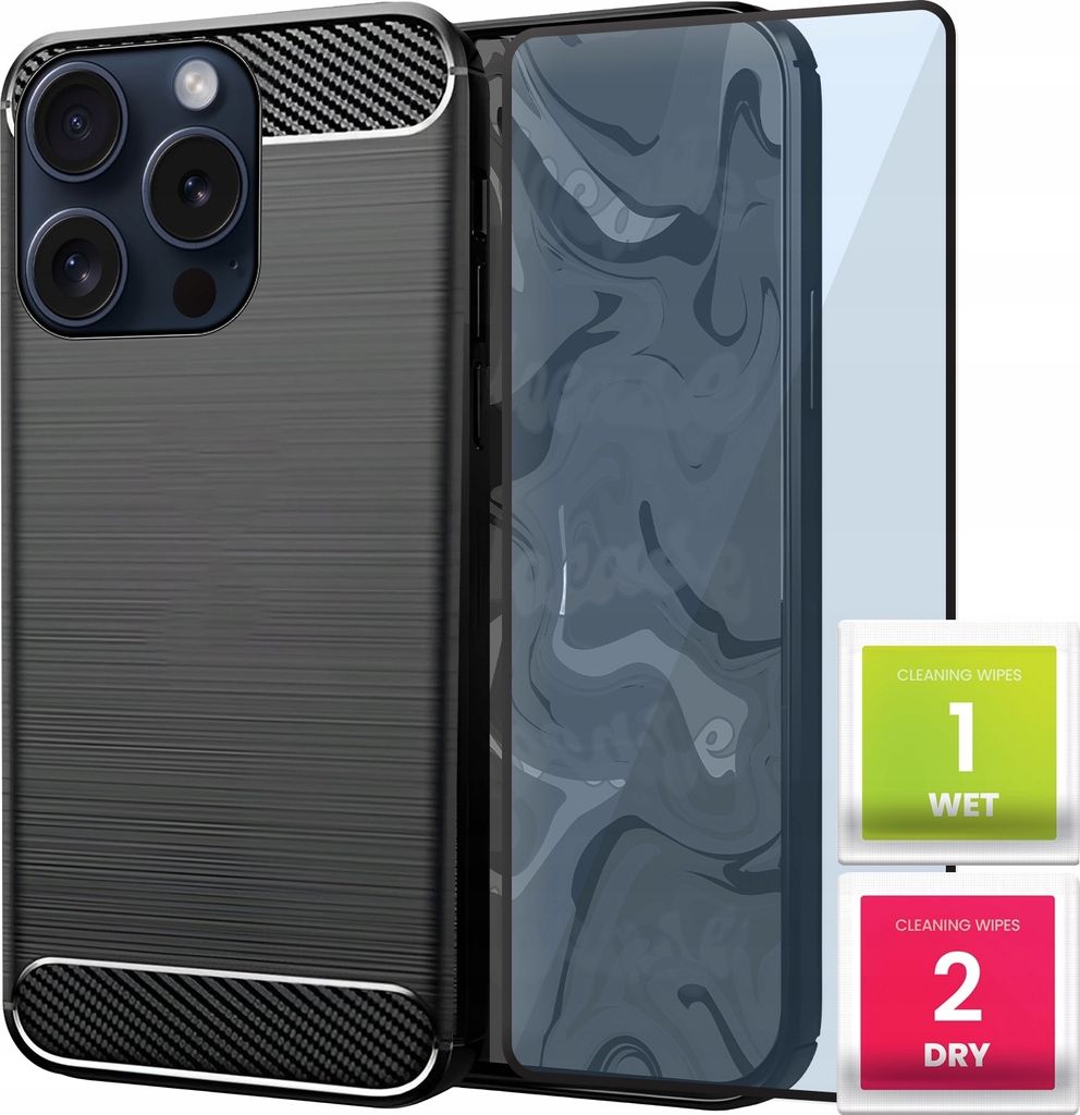 Schutzhülle für APPLE IPHONE 15 PRO Handy Hülle Schwarz Slim Cover Kohlenstoff Case + Schutzfolie