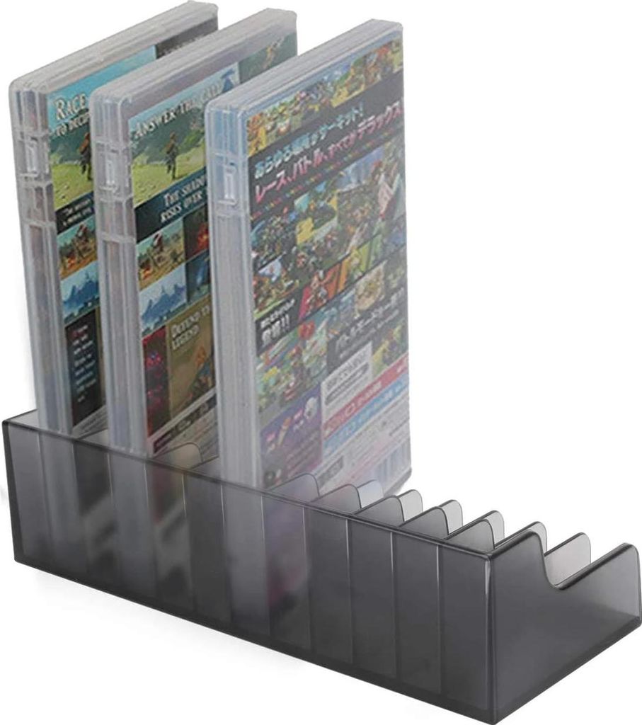 A black plastic storage rack holding several Nintendo Switch game cases.