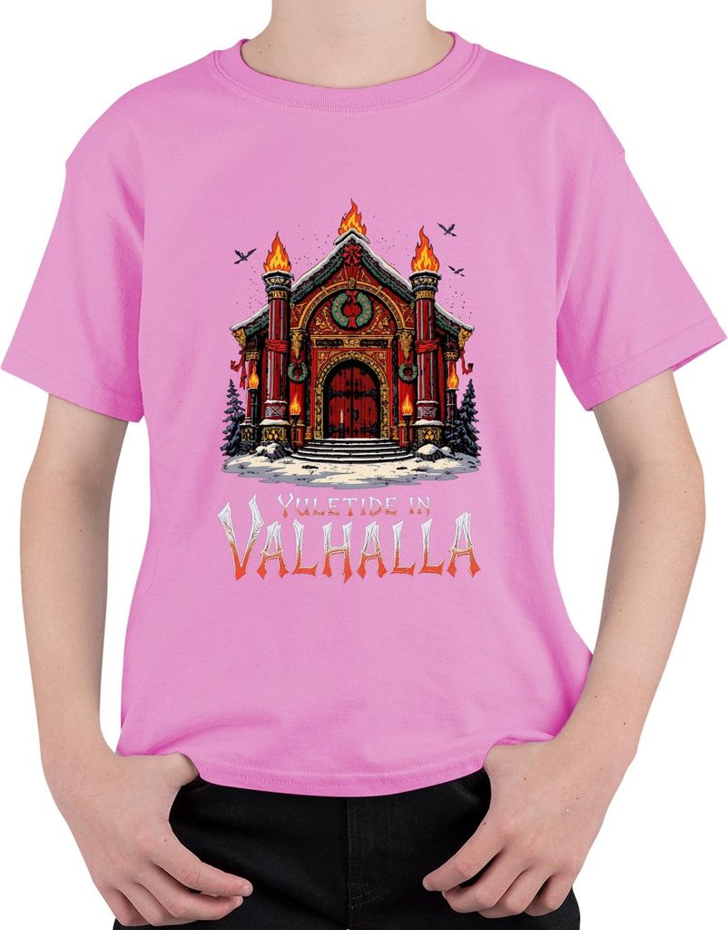 Yuletide in Valhalla Wikinger Nordisch Weihnachten Raben Vintage Uni Kinder T-Shirt, Pink, 152