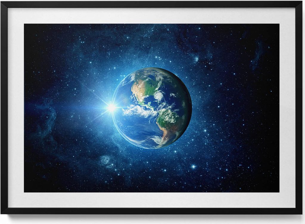 NASA - Erde, Galaxie und Sonne– Wandbild mit Rahmen – Gerahmtes Bild – Wanddekoration – 100x70 cm – Schwarz Rahmen