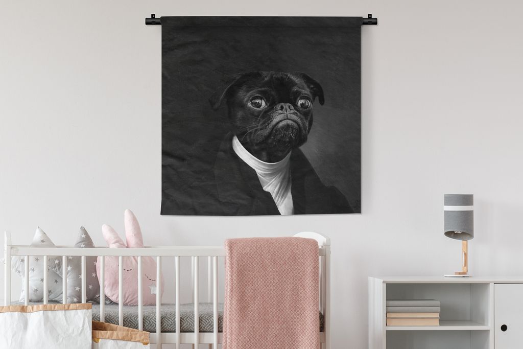 MuchoWow Wandteppich Wandbehang Alte Meister - Mops - Schwarz und Weiß 90x90 cm Tapisserie Dekoration Wandtuch - Wandaufhänger
