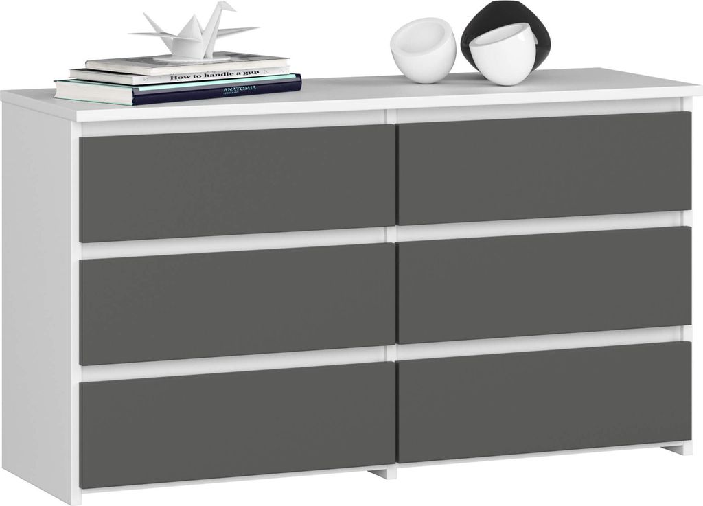 Kleine Kommode AKORD CL100 Weiß, Graphitgrau 6 Schubladen B100 x H57 x T35 cm