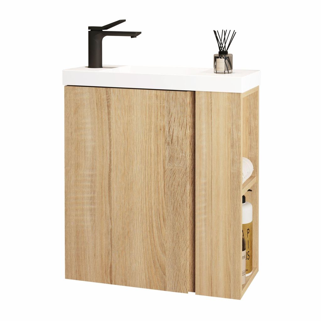JINDOLI Waschtisch mit Unterschrank 55 cm, Vormontiert, Waschbecken aus Mineralguss mit schwarzer Armatur, Kompaketes Badmöbel-Set, Sonoma Eiche