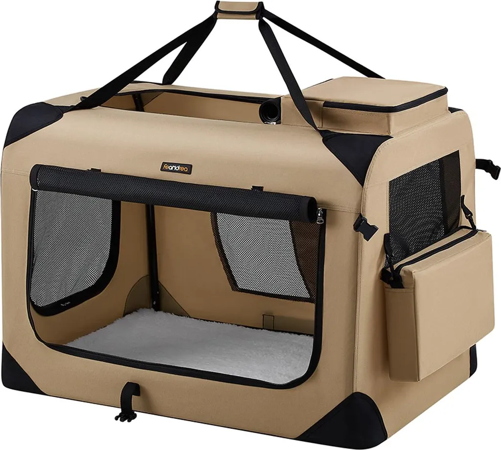 Cage chien XXL tissu Oxford résistant brun camel à poignées de portage