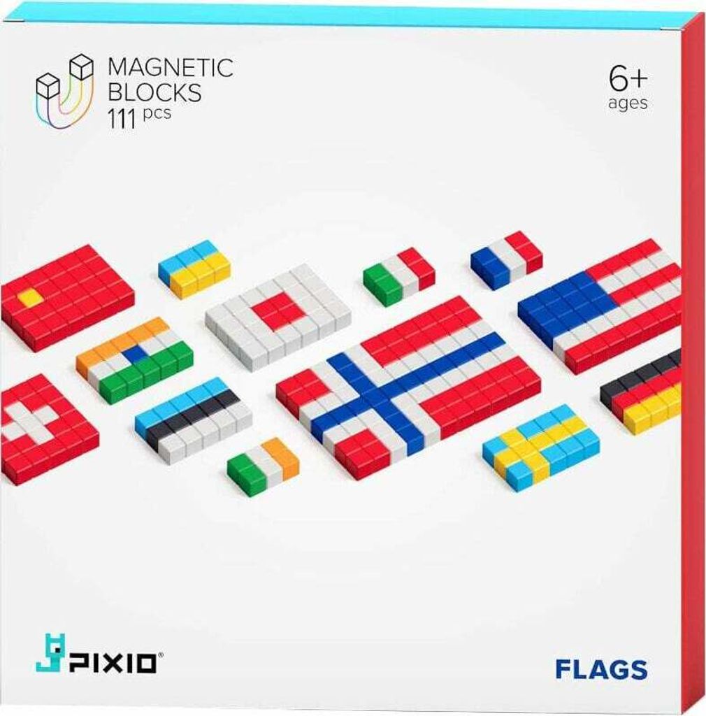 A product shot of magnetic blocks shaped like various country flags, arranged on a white background.