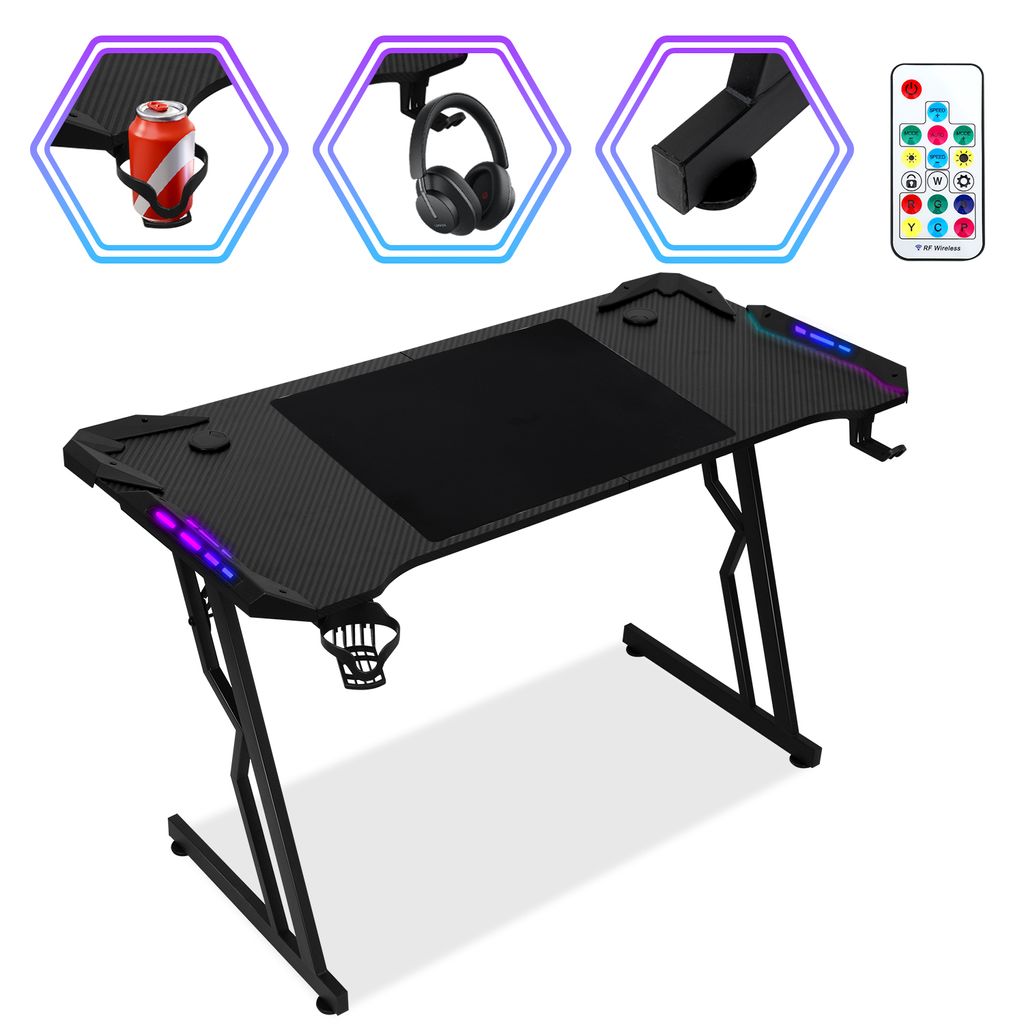 TolleTour 140 x 60cm Gaming Tisch mit Mauspad, LED, Gaming Schreibtisch, PC Tisch Gamer Tisch Computertisch mit Kopfhörerhaken schwarz