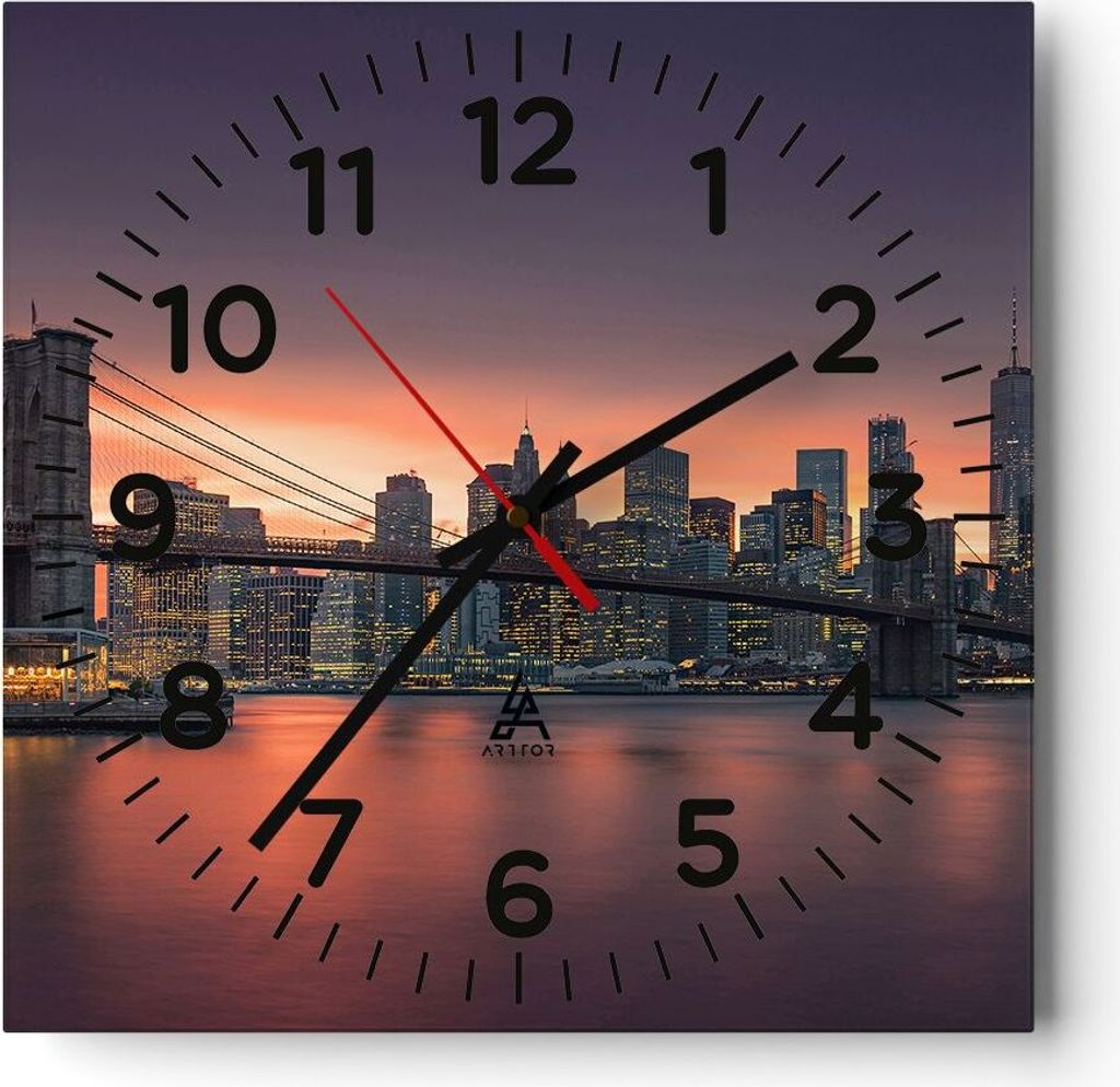 Wanduhr - Quadrat - Glasuhr - New York Brücke Nacht - 40x40cm - Schleichendes Uhrwerk - Lautlos - zum Aufhängen bereit - Dekoration Modern - Wand...